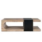 Side view of Danica Coffee Table showing curved hollow center and smooth edges of oak wood panels