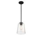 Bottom-up view of large mini pendant showing clear glass shade’s wide open end and bulb socket