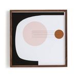 Square mixed media artwork with white, black, pale pink, and rust colors in walnut frame, front view