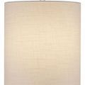 Top portion of beige fabric shade with visible weave texture and metal finial