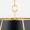 Close-up of chandelier top ring and gold metal detailing connecting the chain to black shade