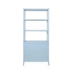 Flynn Etagere back view showing smooth solid light blue backing without shelves or drawers