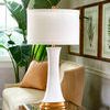 Lamp styled on glass and metal side table next to beige sofa with cushions and framed botanical prints