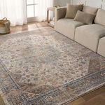 Traditional beige and blue medallion rug styled in a living room with sofa, basket, and soft natural light