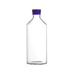 Tall clear borosilicate glass carafe with a distinctive deep blue stopper top