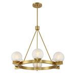 Front view of chandelier showing six ice glass orbs evenly spaced on circular brass ring
