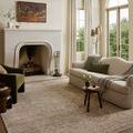 Rug shown in living room setting with furniture and fireplace, highlighting scale and color in space
