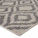 Close-up on rug corner showing flat woven texture and tightly stitched edges in gray tones