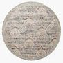 Round variation of the Anastasia Silver / Plum rug displaying the same distressed floral motif in a circular shape