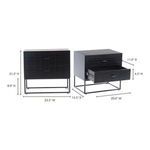 Atelier nightstand shown alongside measurement lines indicating height, width, depth, and drawer height
