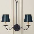 Wall-mounted chandelier with two navy shades on black arms, scene with white shiplap background