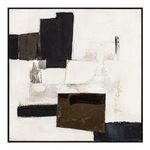 Abstract framed painting with layered dark brown and black blocks on a beige textured background