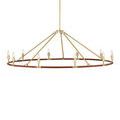 Chandelier without shades showing brass candle bulbs and tan leather ring detail