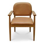 Front view of Norrie dining chair showing symmetrical armrests and smooth leather seat