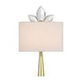 gold wall sconce with white shade and optic crystals shown against soft lighting background