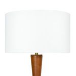 Bottom close-up of tapered brown leather lamp base showing cone shape and cross-stitched seam