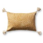 Rectangular yellow cotton pillow with white geometric pattern and tassels on each corner