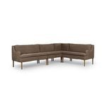 Banquette angled view highlighting curved armrests and seamless corner connection in brown linen.