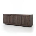 Angled view emphasizing boxy silhouette and dark oak finish of sideboard