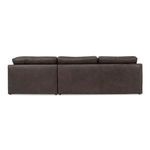 Rear view showing clean back with stitched seams on the brown leather modular sectional