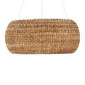 Upside view of chandelier shows open woven rattan bottom above light bulbs