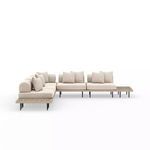 Side view highlighting the left wooden end table and sectional seating arrangement
