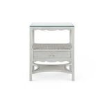Straight-on front view highlighting metal drawer knob on white lacquered side table