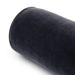 Detail view highlighting plush wool velvet fabric on the long side of navy bolster pillow