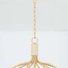 Top view of vintage gold leaf metal ceiling mount and chain with abaca wrap at chandelier canopy.
