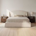 Styled bedroom setting with Weston Storage Bed dressed in neutral bedding and flanked by wood nightstands