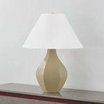 Full view with tapered white linen lampshade on faceted ceramic base