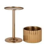 Gold steel stand lifted off the surface, shown side-by-side with the bucket