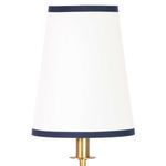 Close-up of the white linen lamp shade showing navy trim at top and bottom edges