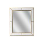 Square mirror with faux white marble panels and slim nickel frame creating a geometric border