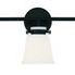 Kaden three-light bathroom vanity light with matte black bar and three white opal glass bell-shaped shades