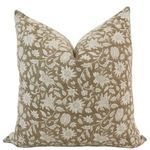 Handcrafted fall brown pillow cover with white delicate hand block printed floral motif on natural linen