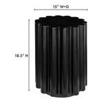 Dimensional diagram showing 15 inch width and depth and 18.5 inch height of black accent table