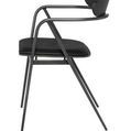Side angle showing the chair's thin metal legs and curved armrests
