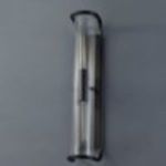 Sconce with black curved metal base showing side profile and internal light bulbs lit