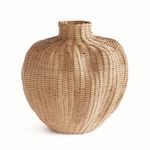 Palm rattan woven vase with undulating rounded shape and narrow neck over rigid wire frame