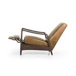 Side angle of olive leather recliner with dark wood frame and extended footrest