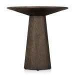 Front view focusing on tapered dark elm wooden base with visible grain and cracks