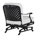 Rear-side perspective capturing black lattice back and white cushioned seat