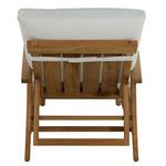 Rear view of chaise with white cushions showing support straps across slatted teak backrest