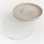 Serving stand partially lifted to reveal separate clear round glass insert