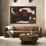 Horizontal version of painting above tan leather sofa with pillows and wooden coffee table in warm living room