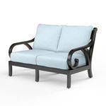 Monterey Loveseat with dark espresso aluminum frame, curved armrests, and light blue cushions