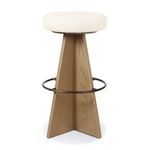 Modern Damon swivel stool with geometrically inspired wood base, circular metal footrest, and round ivory upholstered seat
