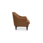 Side profile of Pandora Accent Chair highlighting cushion depth and wood leg shape