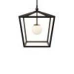 Blurred front view of lantern with diffuse white light globe inside trapezoid frame